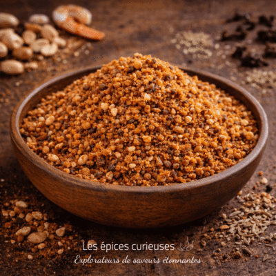 Bol d'épices exotiques Les épices curieuses avec ingrédients variés en arrière-plan. Saveurs uniques assurées.