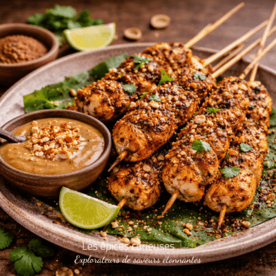Brochettes de poulet épicées avec sauce aux cacahuètes, lime et coriandre. Découvrez des saveurs exotiques et savoureuses.