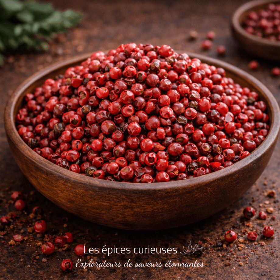 Bol de baies roses épicées sur table, offrant une explosion de saveurs uniques pour l'exploration culinaire.