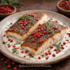 Deux filets de poisson épicés servis avec sauce crémeuse, garnis de baies roses et d'aneth dans une assiette élégante.