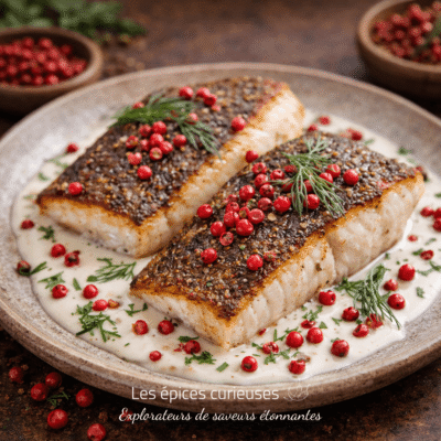 Deux filets de poisson épicés servis avec sauce crémeuse, garnis de baies roses et d'aneth dans une assiette élégante.