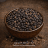 Bol en bois rempli de grains de poivre noir sur fond rustique en bois.