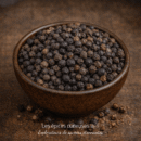 Bol en bois rempli de grains de poivre noir sur fond rustique en bois.