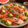 Assiette gourmande de ceviche de poisson agrémenté de pamplemousse, avocat et épices, décorée de persil frais.