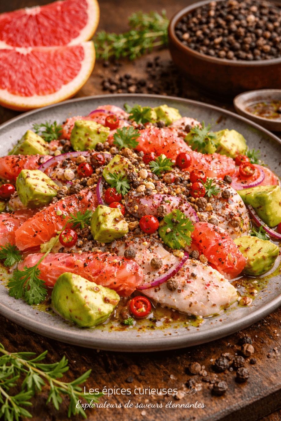 Assiette gourmande de ceviche de poisson agrémenté de pamplemousse, avocat et épices, décorée de persil frais.