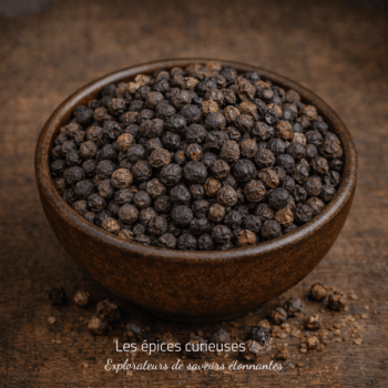 Bol en bois rempli de grains de poivre noir sur fond rustique en bois.