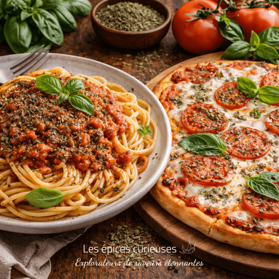 Spaghetti bolognaise et pizza margherita garnis de basilic et d'herbes, sur fond de tomates fraîches.