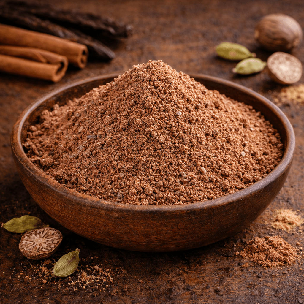 Épices moulues dans un bol en bois sur fond rustique, avec des bâtons de cannelle et cardamomes.