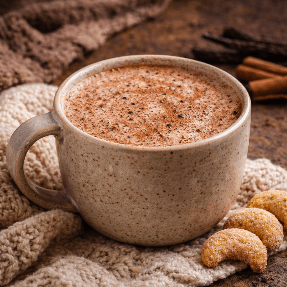 Tasse de chocolat chaud crémeux sur fond d'automne, accompagnée de biscuits sablés.
