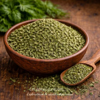 Bol de persil séché avec cuillère sur fond en bois, parfait pour assaisonnement et cuisine aromatique.