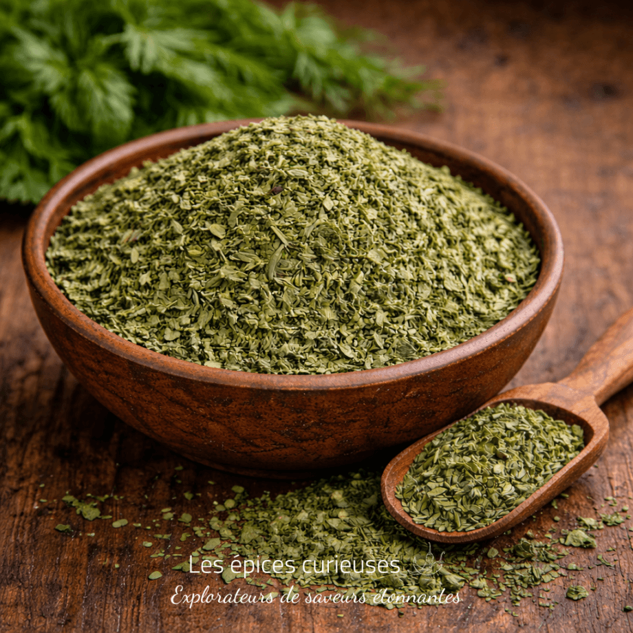 Bol de persil séché avec cuillère sur fond en bois, parfait pour assaisonnement et cuisine aromatique.