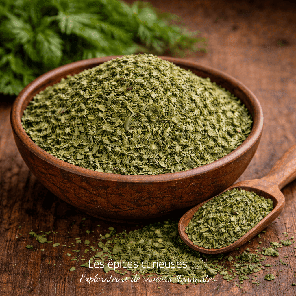 Bol de persil séché avec cuillère sur fond en bois, parfait pour assaisonnement et cuisine aromatique.