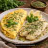 Omelette aux herbes et filet de poisson citronné, garnis de persil et basilic, sur assiette blanche avec tranches de citron.