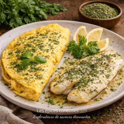 Omelette aux herbes et filet de poisson citronné, garnis de persil et basilic, sur assiette blanche avec tranches de citron.