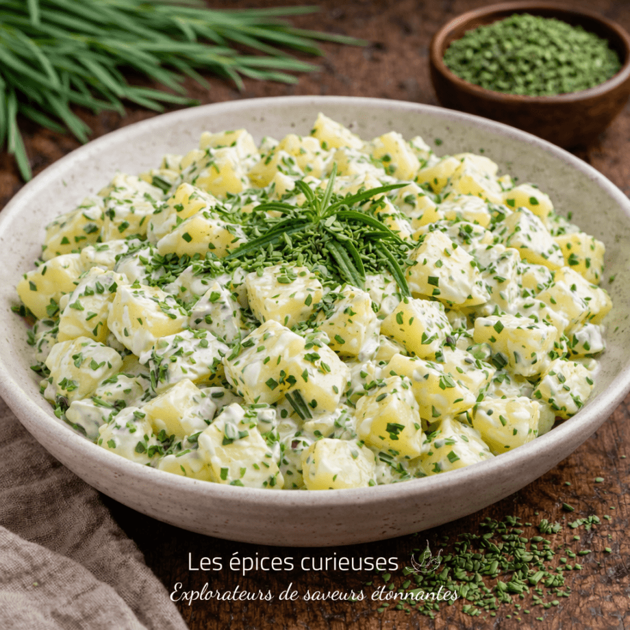 Salade de pommes de terre crémeuse garnie de ciboulette fraîche, idéale pour un repas d'été savoureux et rafraîchissant.