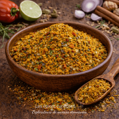 Mélange coloré d'épices dans un bol en bois sur fond rustique, prêt à rehausser vos plats culinaires.