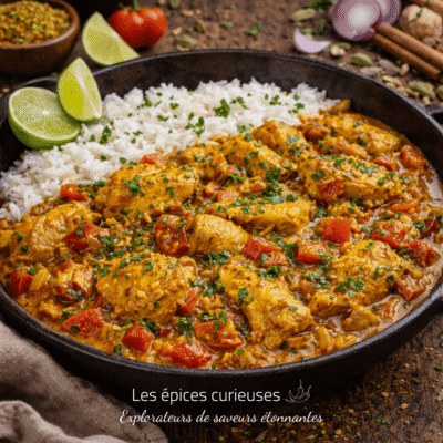 Poulet curry crémeux avec riz basmati et citron vert garni de coriandre, épices et légumes. Découvrez les saveurs épicées!