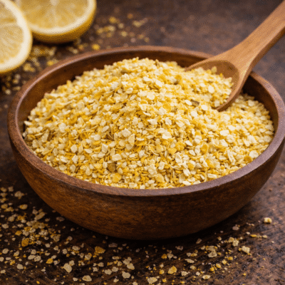 Bol de boulghour doré avec cuillère en bois et tranches de citron en fond sur une table rustique.