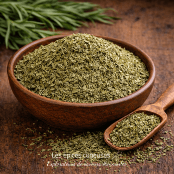 Bol de feuilles de romarin séchées avec une cuillère en bois sur table rustique. Assaisonnement naturel pour cuisine.