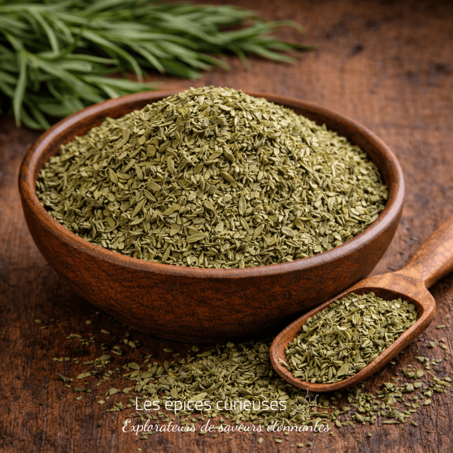 Bol de feuilles de romarin séchées avec une cuillère en bois sur table rustique. Assaisonnement naturel pour cuisine.