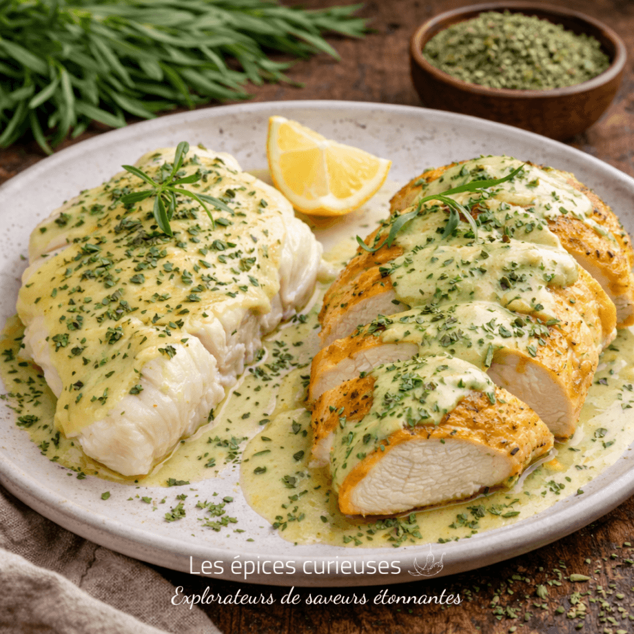 Poulet rôti à la crème d'herbes avec citron et persil, servi sur assiette en bois rustique.
