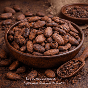 Bol de fèves de cacao grillées sur fond rustique avec cuillère de grué, idéal pour chocolat artisanal et recettes originales.