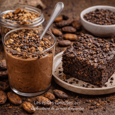 Mousse chocolat et gâteau fondant décorés de croquants au cacao, entourés de fèves de cacao pour une pause gourmande.
