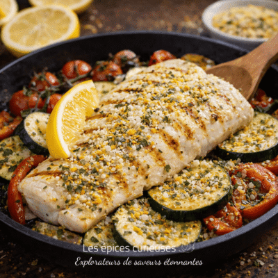 Filet de poisson grillé sur lit de courgettes et tomates cerises, garni de citron et d'herbes aromatiques.