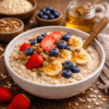 Bol de flocons d'avoine garni de fraises, bananes, myrtilles, graines et miel pour un petit-déjeuner sain et énergétique.