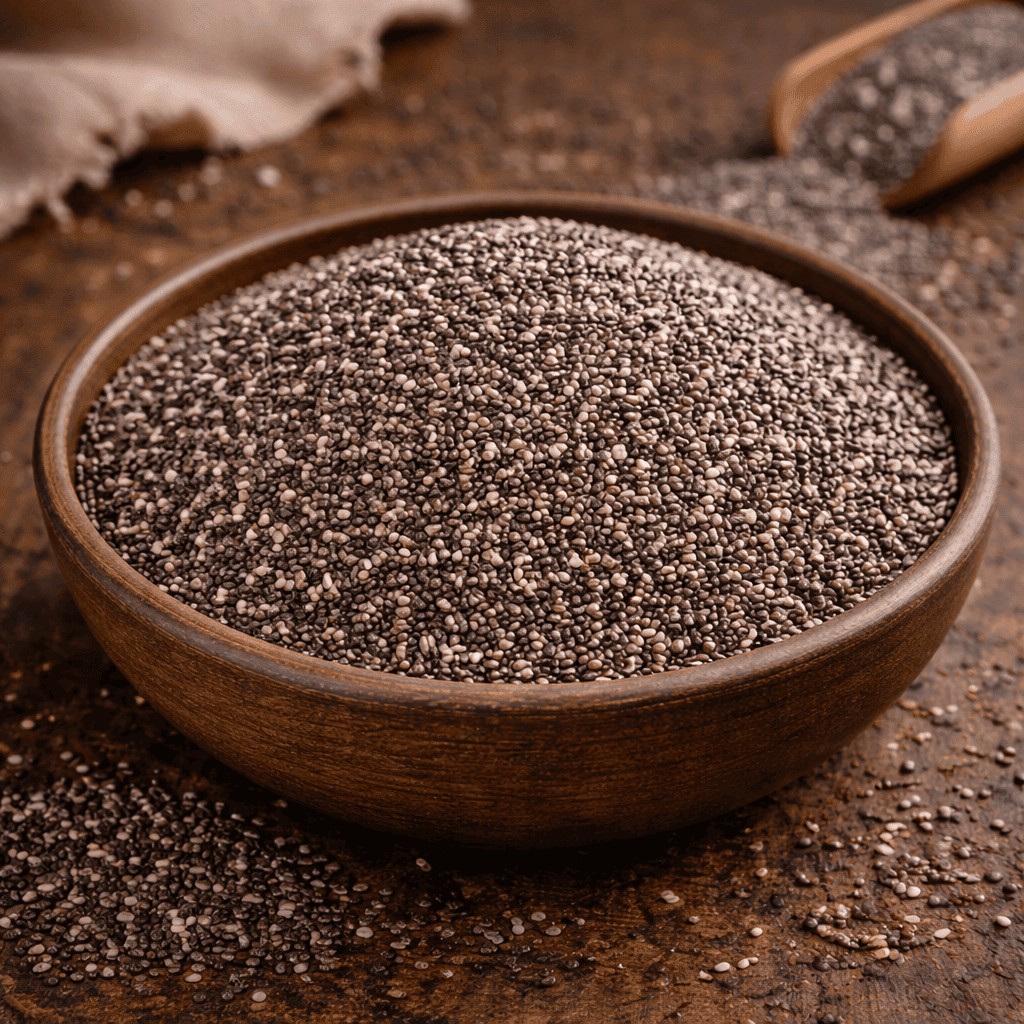 Bol de graines de chia sur une table en bois, riches en fibres et oméga-3, parfaites pour une alimentation saine.