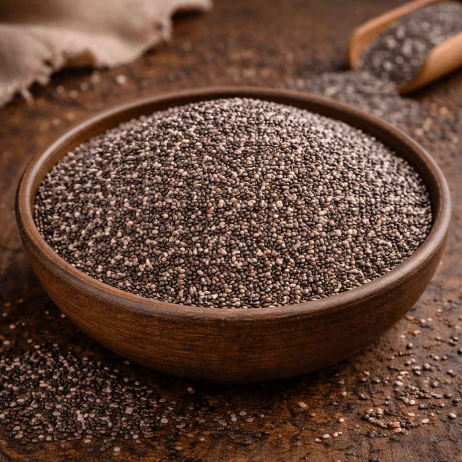 Bol de graines de chia sur une table en bois, riches en fibres et oméga-3, parfaites pour une alimentation saine.