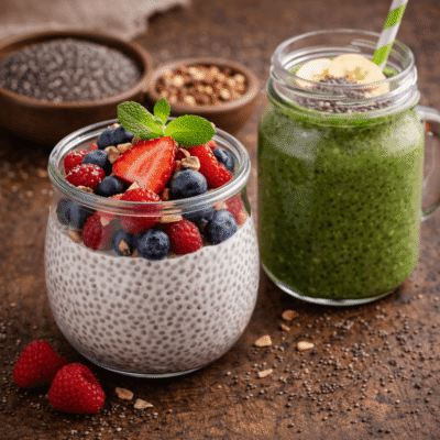 Dessert aux graines de chia orné de fruits rouges et smoothie vert au chia, garnis de fruits frais et noix.