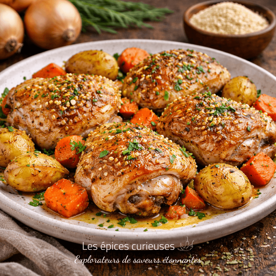 Cuisses de poulet rôties avec pommes de terre et carottes, assaisonnées d'herbes, servies sur une assiette blanche.