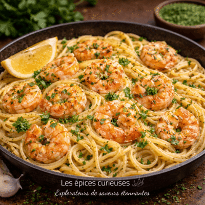 Spaghetti crémeux aux crevettes, citron et persil frais, servies dans une poêle noire.