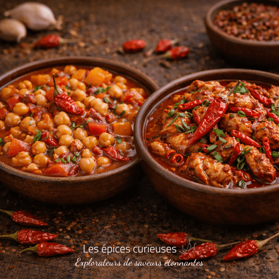 Deux bols de ragoûts épicés avec pois chiches et poulet, garnis de piments rouges et herbes, sur une table rustique.