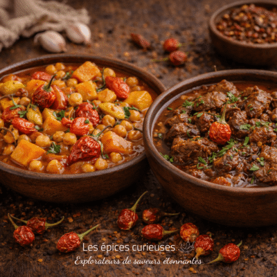 Deux bols de ragoût épicé, l'un aux légumes et pois chiches, l'autre au bœuf, sur une table en bois rustique.