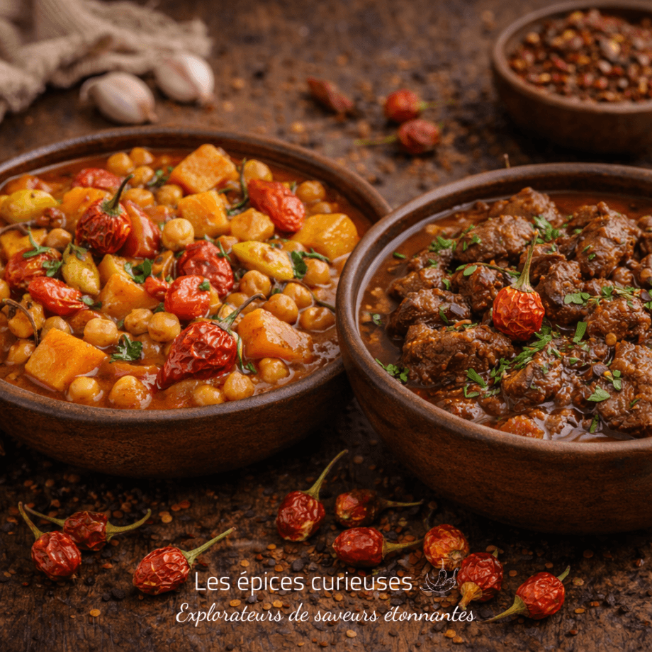 Deux bols de ragoût épicé, l'un aux légumes et pois chiches, l'autre au bœuf, sur une table en bois rustique.