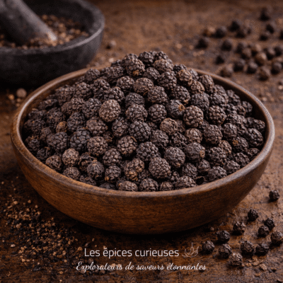 Bol de poivre noir entier sur table, épices exotiques savoureuses. Les épices curieuses: Explorateurs de saveurs étonnantes.