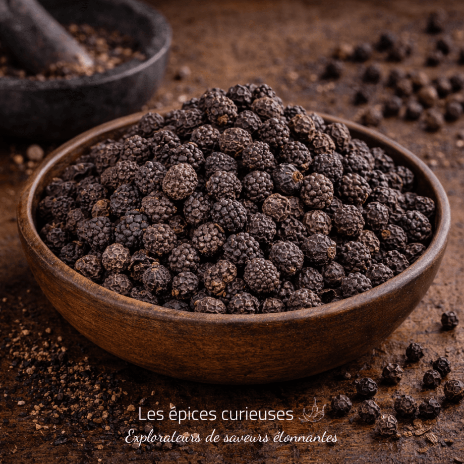Bol de poivre noir entier sur table, épices exotiques savoureuses. Les épices curieuses: Explorateurs de saveurs étonnantes.