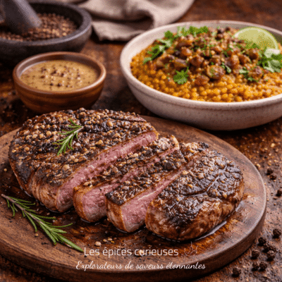 Steak grillé au poivre avec sauce, garni de romarin, accompagné de couscous épicé pour un repas savoureux.