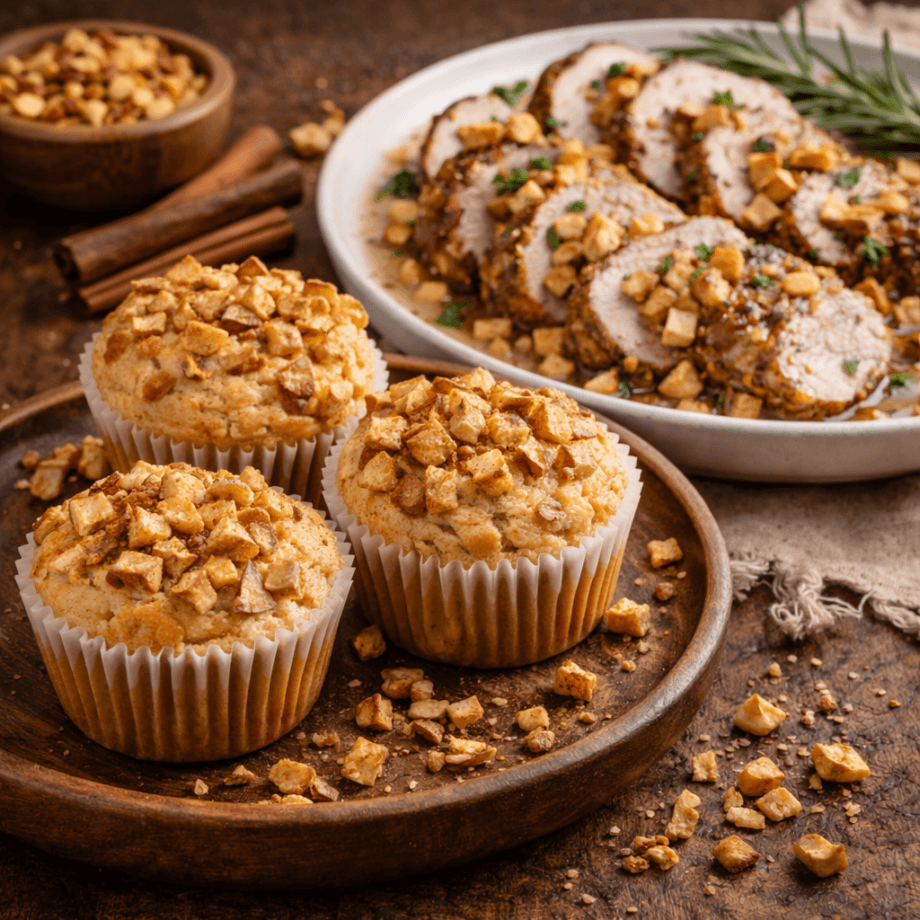 Muffins aux pommes et épices, accompagnés de tranches de rôti garnies de dés croustillants, ambiance automnale.