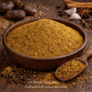 Bol en bois rempli de mélange d'épices, dattes et bâtons de cannelle sur table en bois rustique.