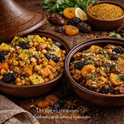 Deux tajines marocains traditionnels garnis de pois chiches, abricots et épices, servies sur une table en bois rustique.
