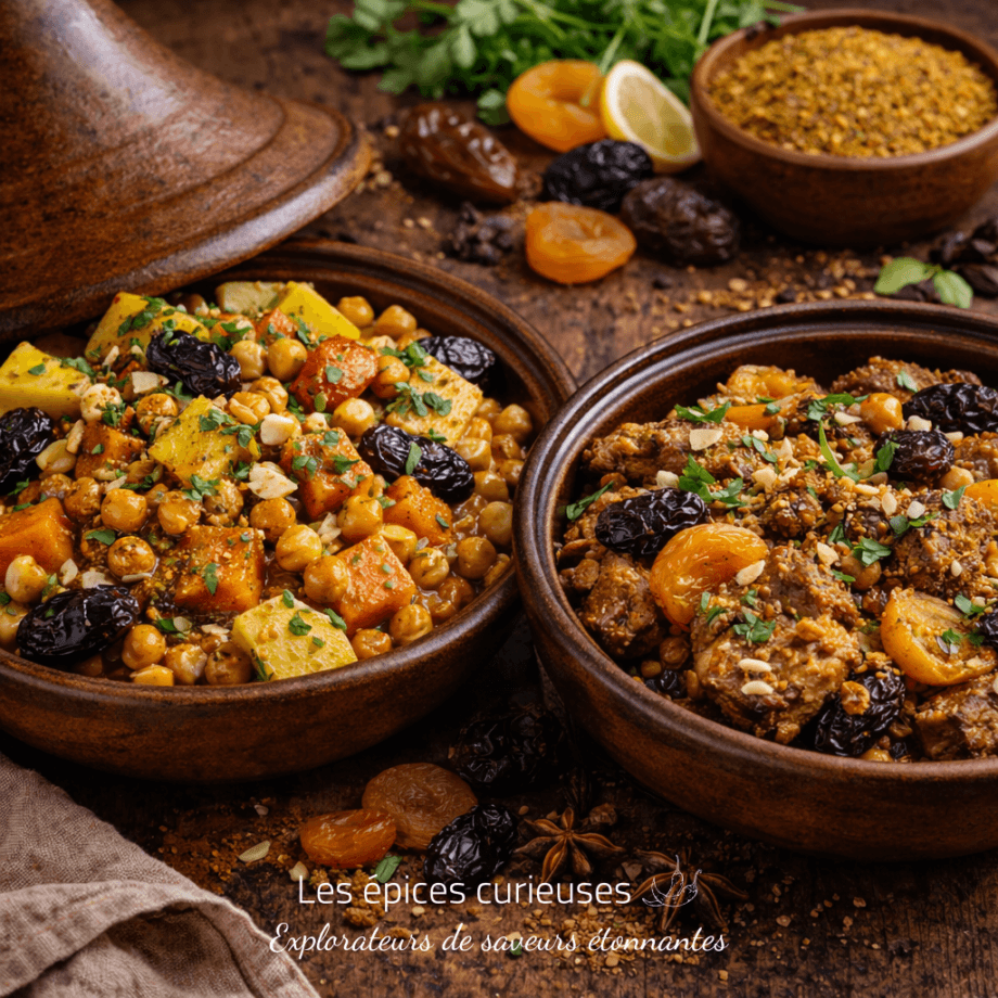 Deux tajines marocains traditionnels garnis de pois chiches, abricots et épices, servies sur une table en bois rustique.