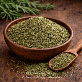 Bol en bois rempli de thym séché avec cuillère sur table rustique en bois brun.