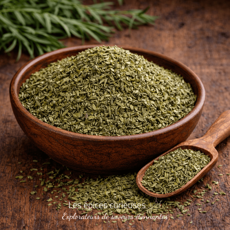 Bol en bois rempli de thym séché avec cuillère sur table rustique en bois brun.