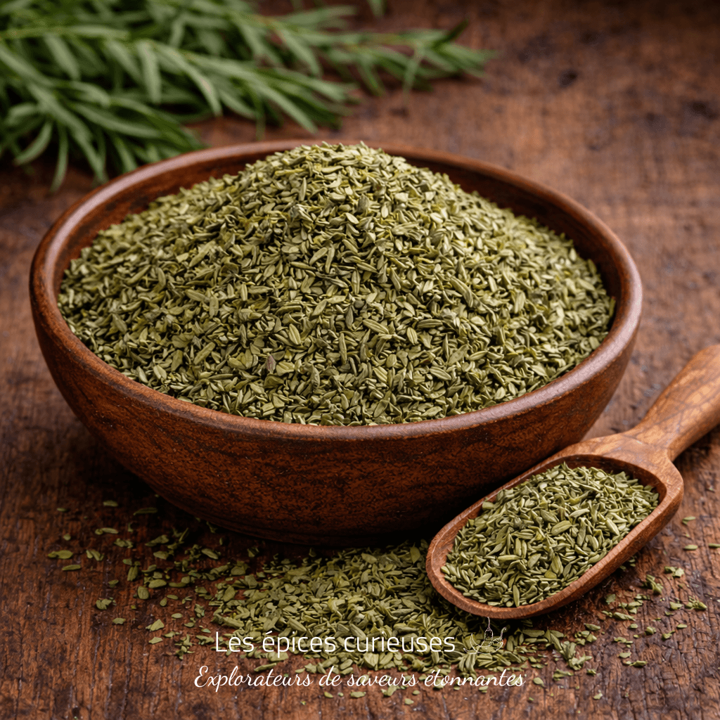 Bol en bois rempli de thym séché avec cuillère sur table rustique en bois brun.