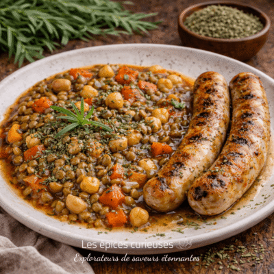 Plat réconfortant de saucisses grillées avec lentilles aux herbes, pois chiches et légumes. Repas automnal savoureux.