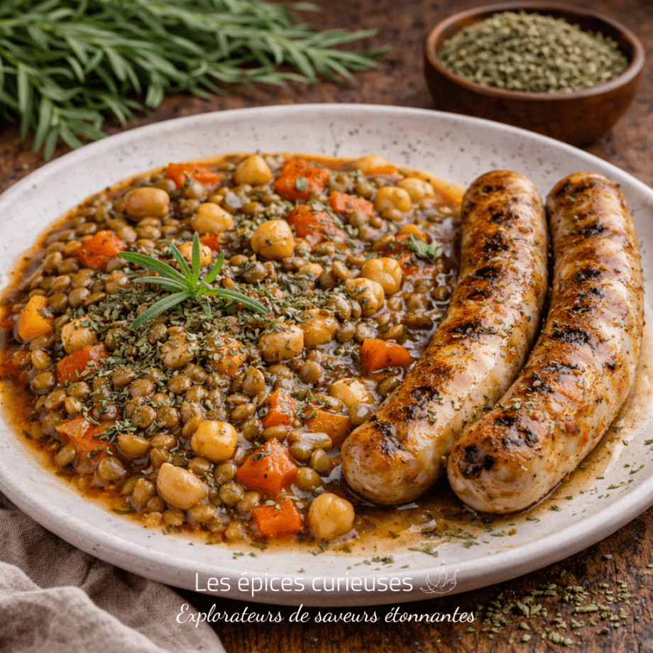 Plat réconfortant de saucisses grillées avec lentilles aux herbes, pois chiches et légumes. Repas automnal savoureux.