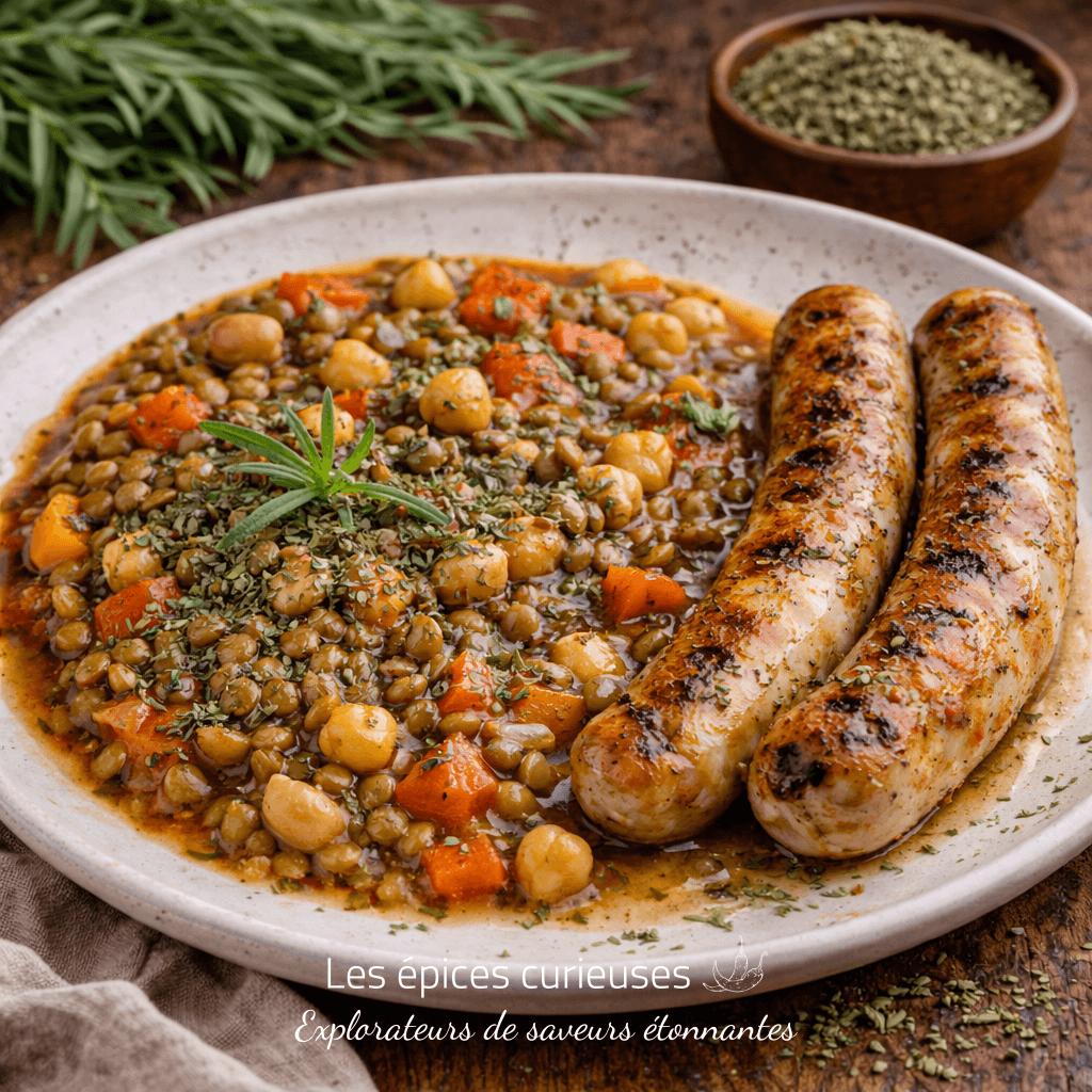 Plat réconfortant de saucisses grillées avec lentilles aux herbes, pois chiches et légumes. Repas automnal savoureux.